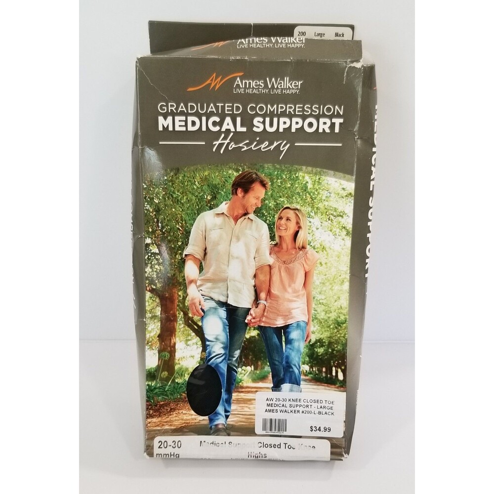 Ames Walker 20–30 mmHg Sheer Closed‑Toe Support Hose – Large, Black
